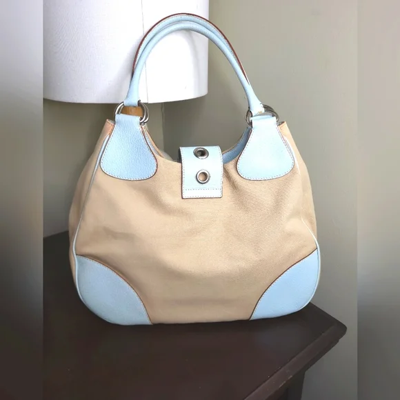 Prada Canapa Moon Shoulder Bag, Blue and Beige - Picture 3 of 13